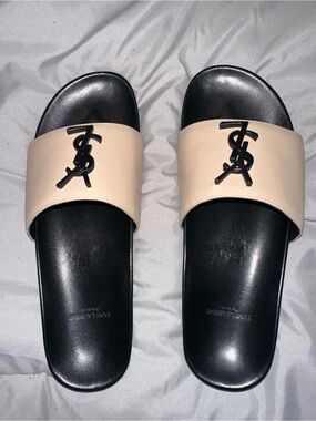 Saint Laurent Black and Beige Logo Slide Sandals
